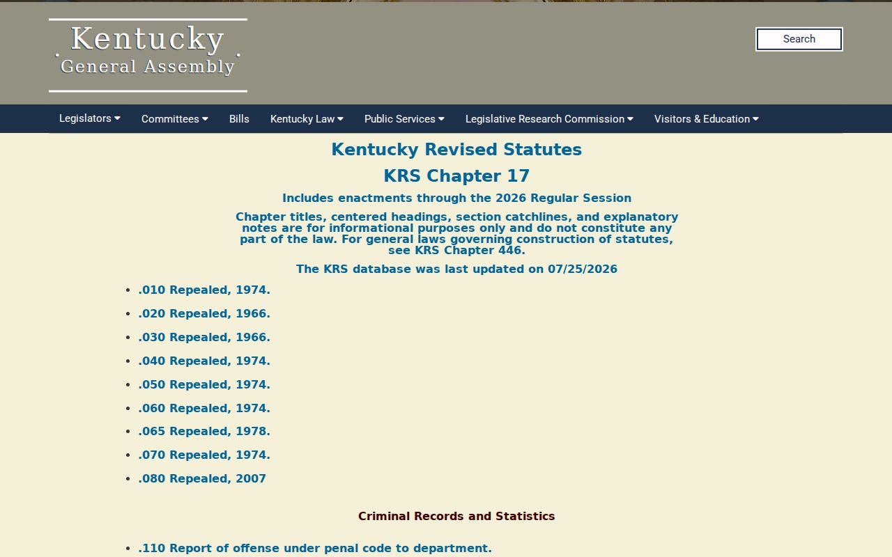 Grant County sex offender registration law in Kentucky Revised Statutes Chapter 17