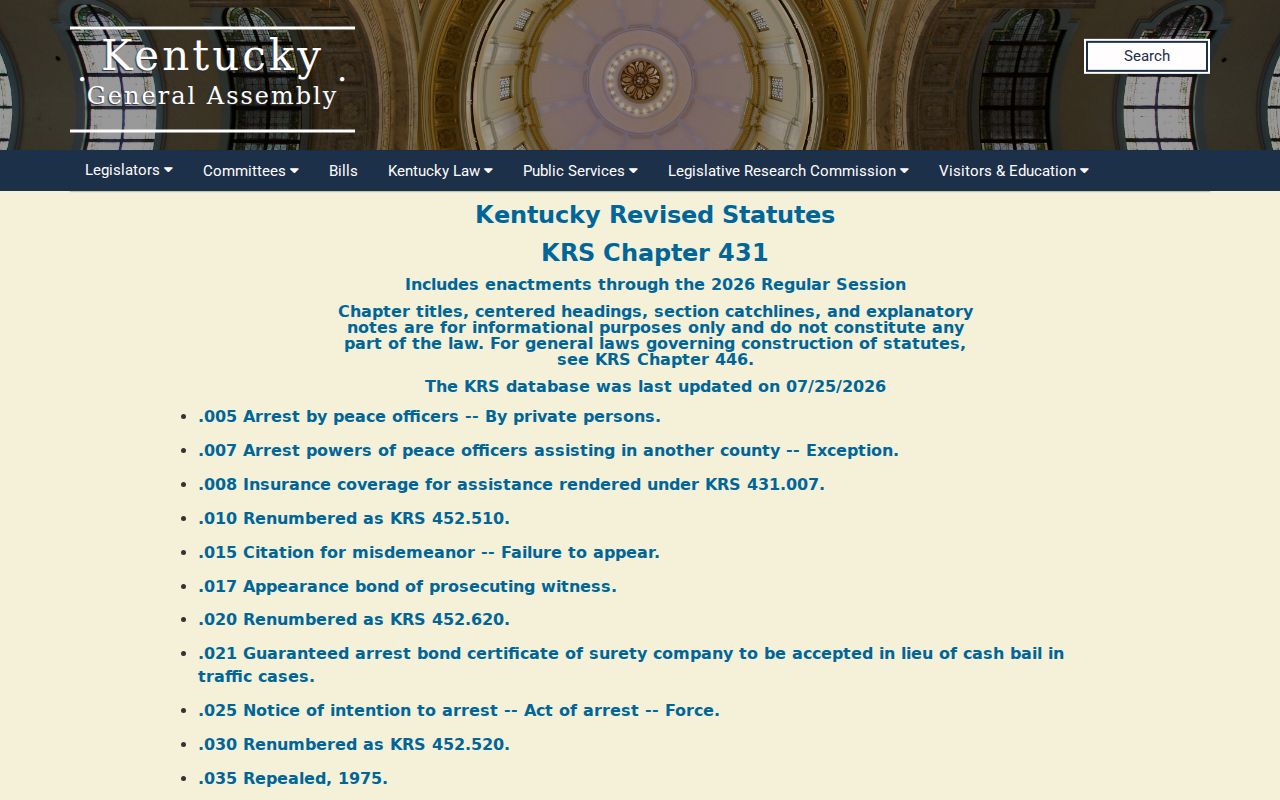 Williamstown criminal procedure records under KRS Chapter 431