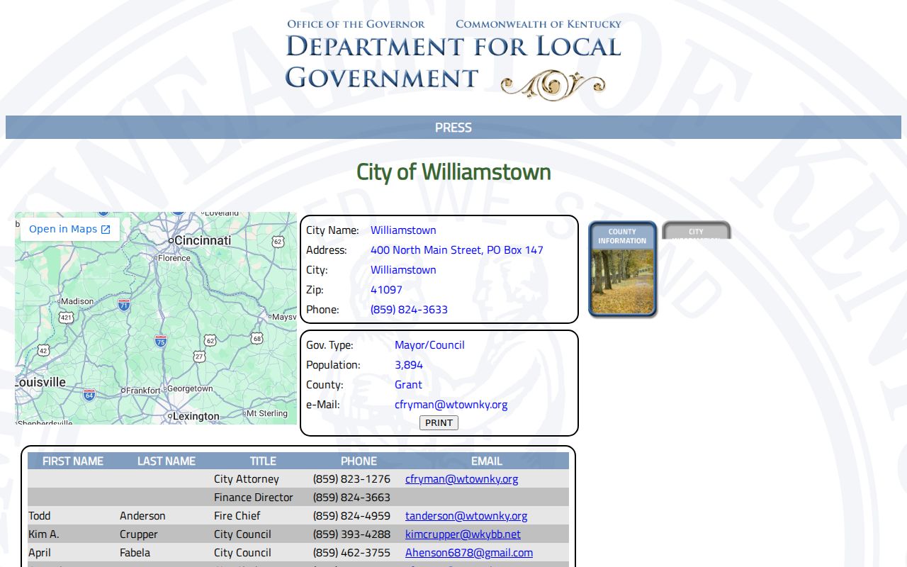 Official Williamstown profile for police record contact